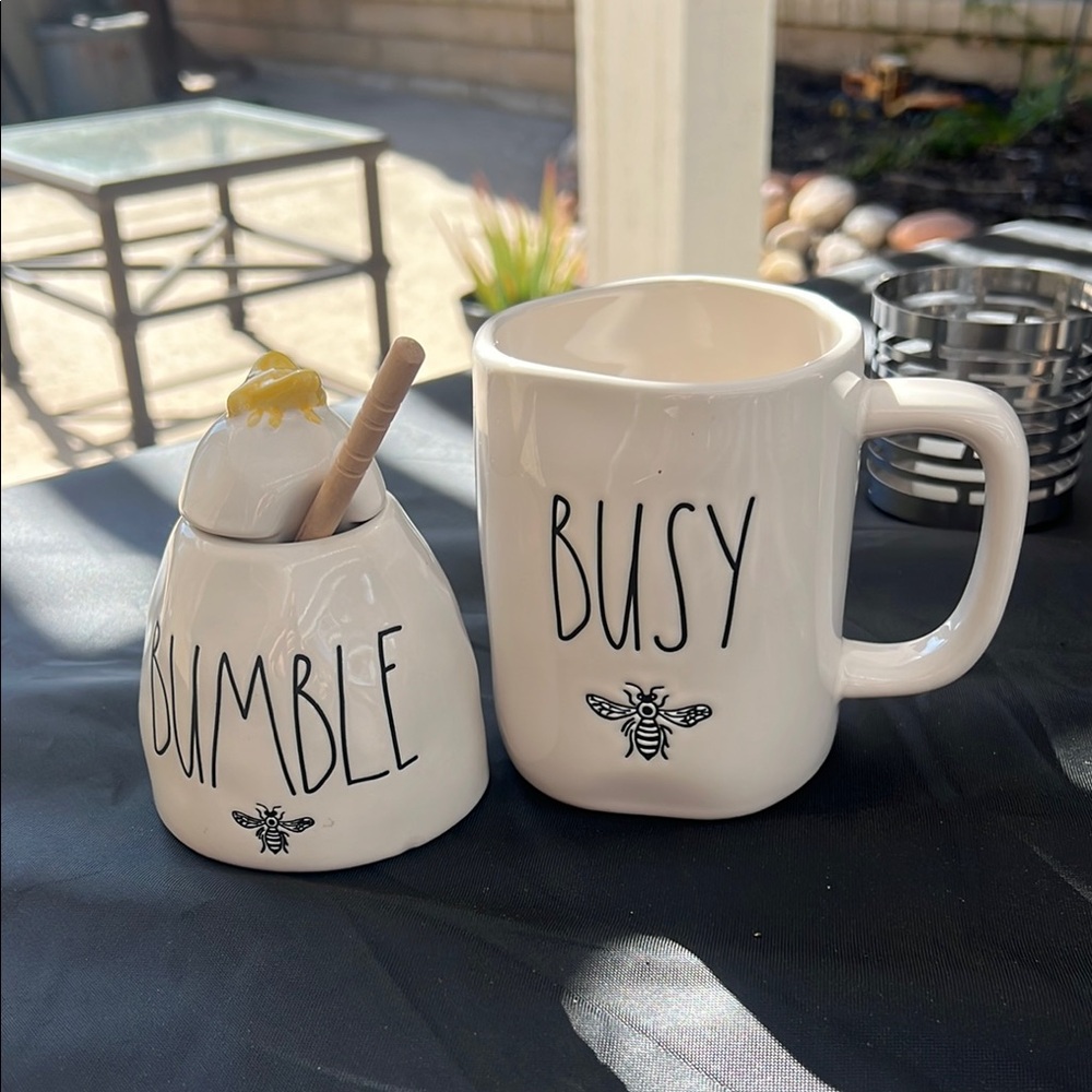 Rae Dunn Busy Bumble Mug and Honey Pot Set - White